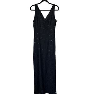 Lauren Ralph Lauren Women's Sequin Deep V-Neck Stretch black Lace Gown Dress 12